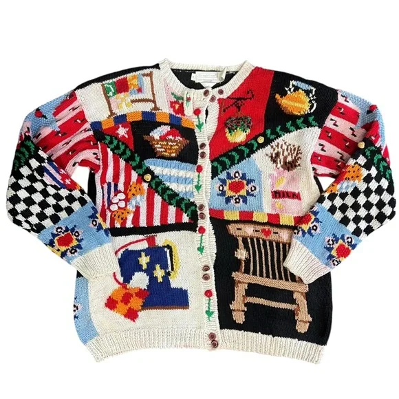 The Eagle’s Eye Colorful Patchwork Vintage 90s Hand Knit Cardigan - Picture 1 of 11